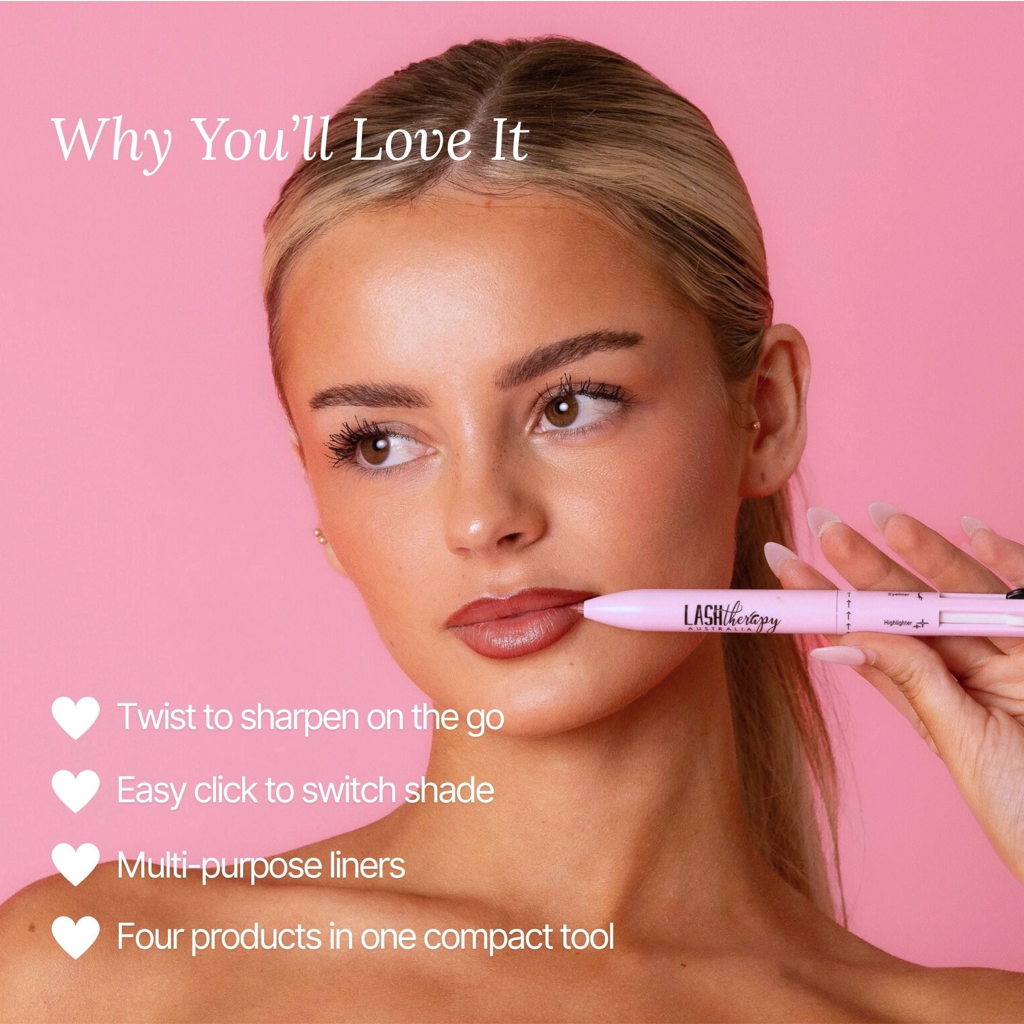 Model holding Lash Therapy 4-in-1 multi liner pen on pink background showing twist-to-sharpen design, click-to-switch shades, and four liners in one compact beauty tool.