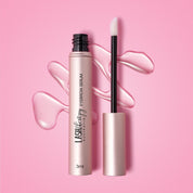 Lash Therapy Australia eyebrow growth serum with peptides with applicator and serum texture on pink background