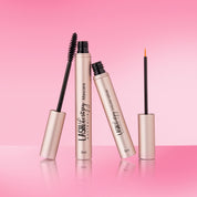 Lash Therapy Australia mascara and lash growth serum with applicators displayed on pink background